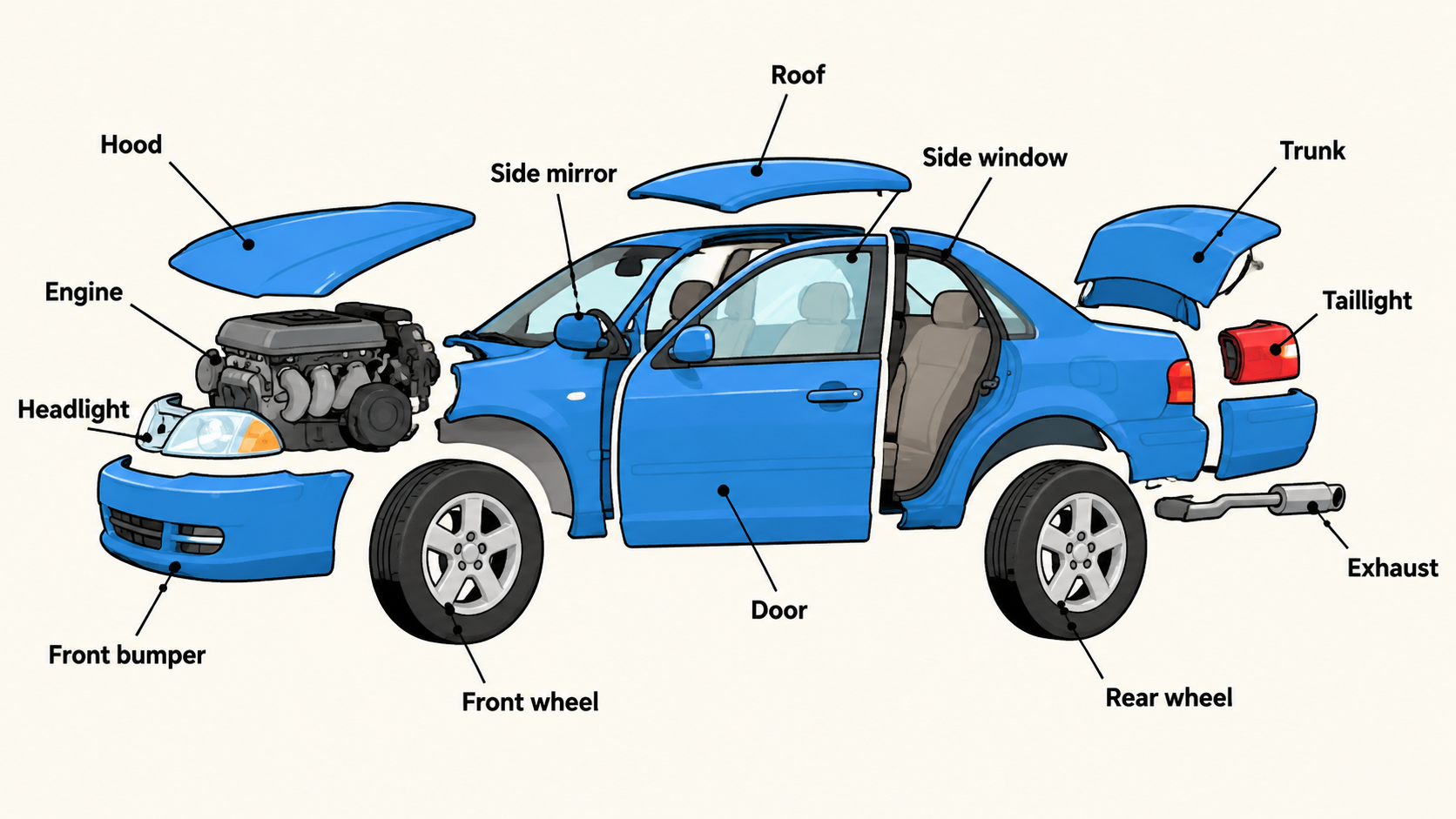 Side view of a car taken apart, showing the engine, wheels, lights, exhaust, and body panels.