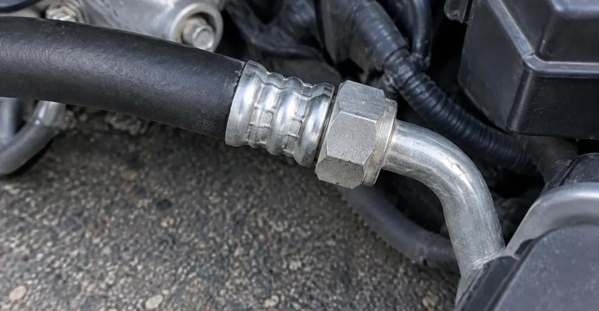 Oily residue on an air-conditioning hose fitting beside the engine