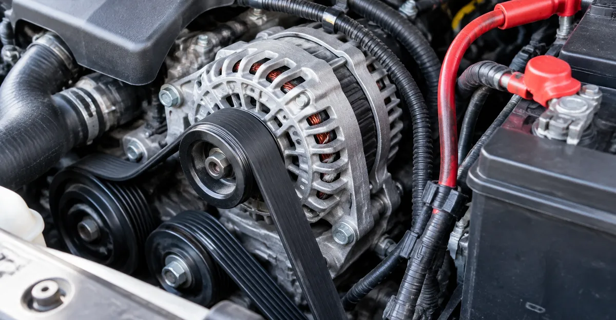 Alternator, drive belt, and battery cables in an engine bay, with no labels or gauges