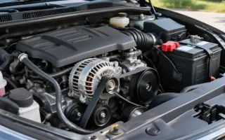 Open hood of a parked car, with the battery, belt, and alternator visible