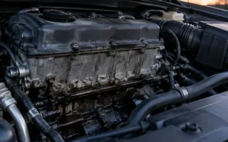 An open engine bay with a dark oil film along the lower edge of the block