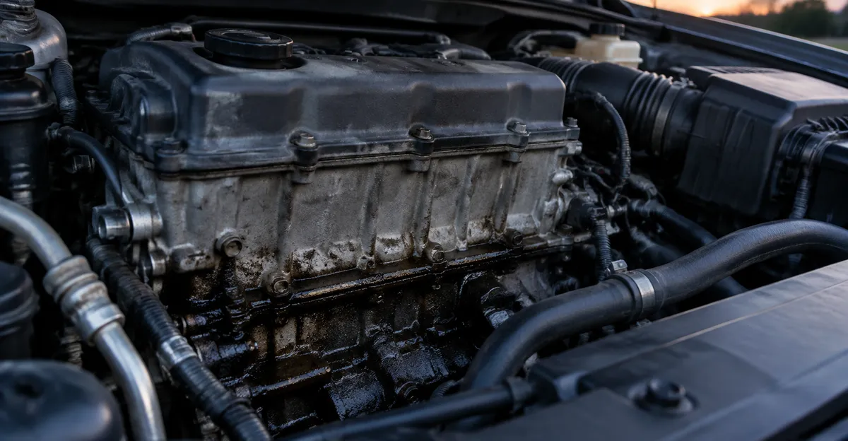 An open engine bay with a dark oil film along the lower edge of the block