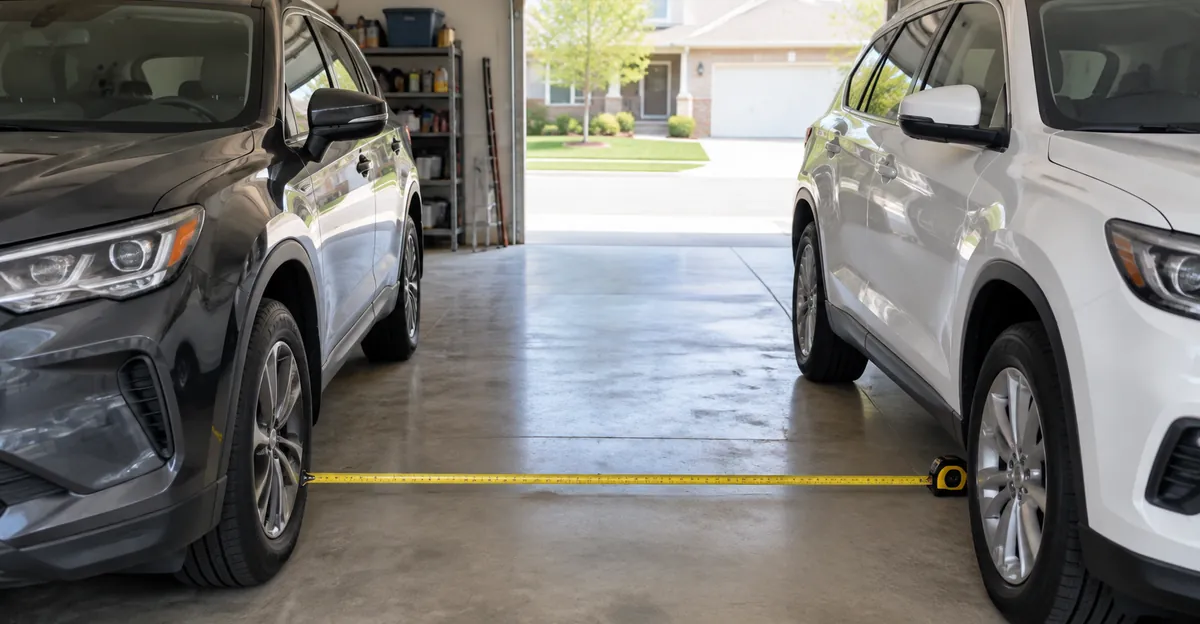 Tape measure stretched across a concrete garage bay between two parked SUVs with doors closed, no readable brand text