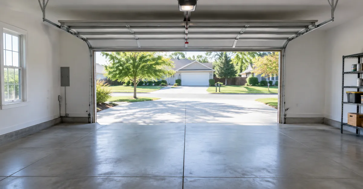 Empty two-car residential garage interior with concrete floor and an open double door looking out to a driveway, no readable text or logos