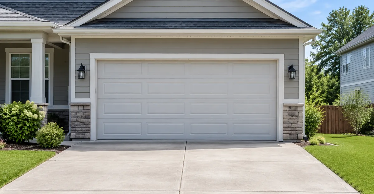 Closed 16-foot double garage door on a suburban two-car garage facade with a short concrete apron, no house numbers or brand logos