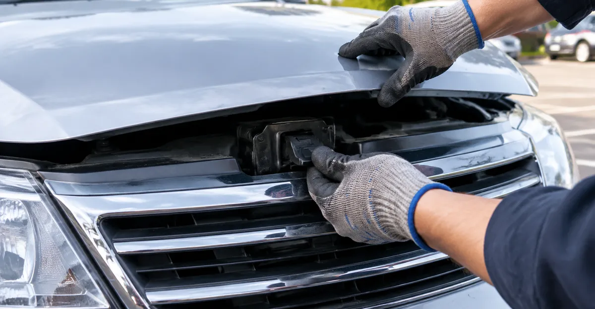 Hands releasing the secondary safety catch under the front edge of a car hood