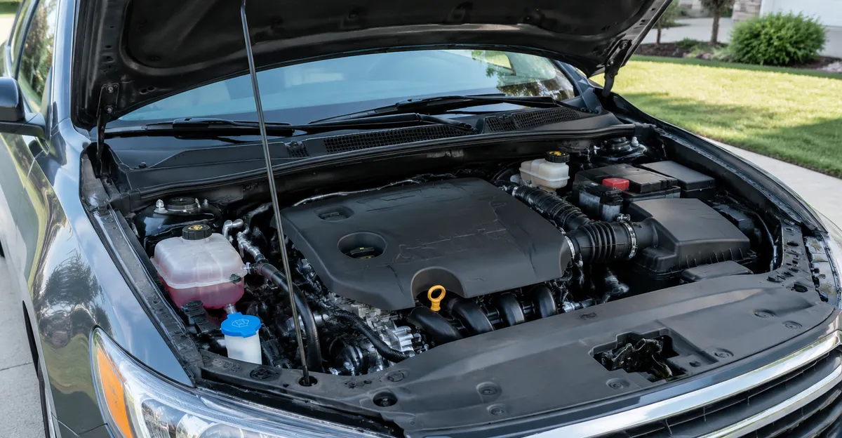 Open car hood held by a support rod over a cool engine bay ready for inspection
