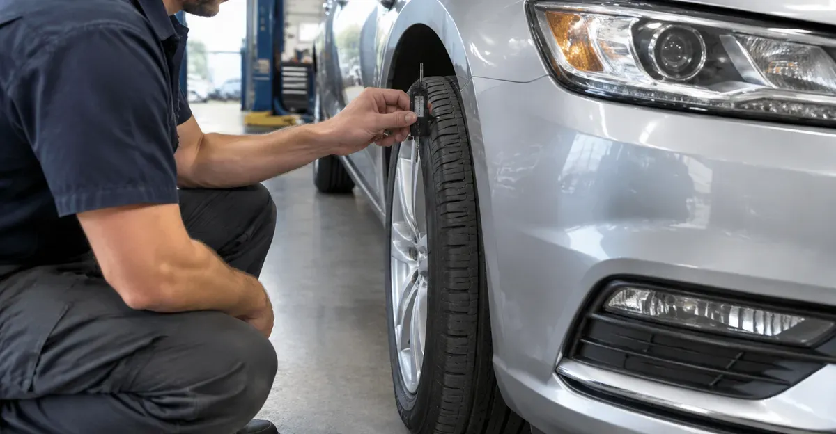 Technician measuring tire tread and checking exterior lights on a sedan before state inspection