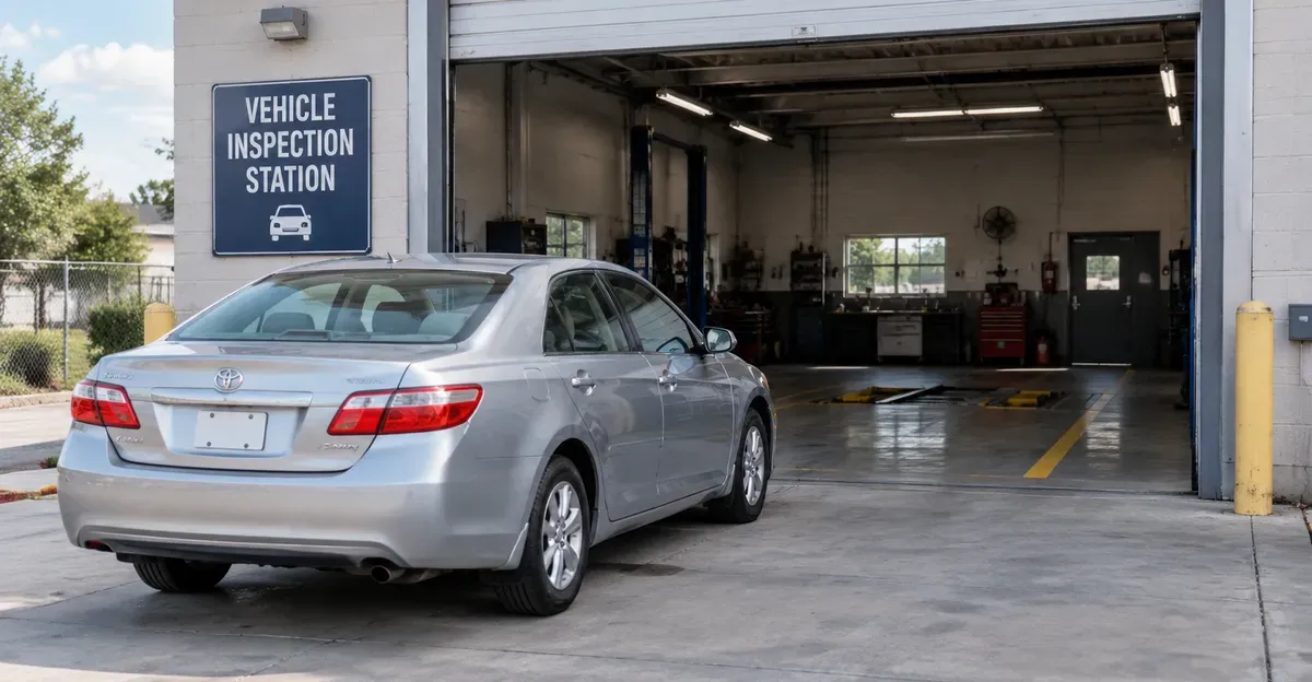 Sedan waiting at a U.S. vehicle inspection station bay with an open service door