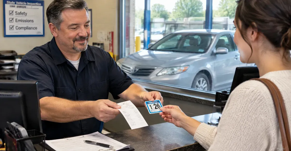 Driver receiving an inspection sticker and paperwork at a licensed station counter
