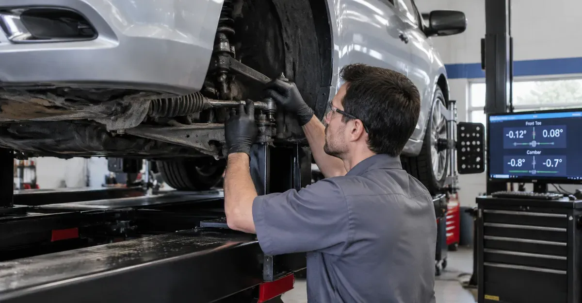 Technician adjusting a front tie rod while watching alignment angle readings on a shop screen