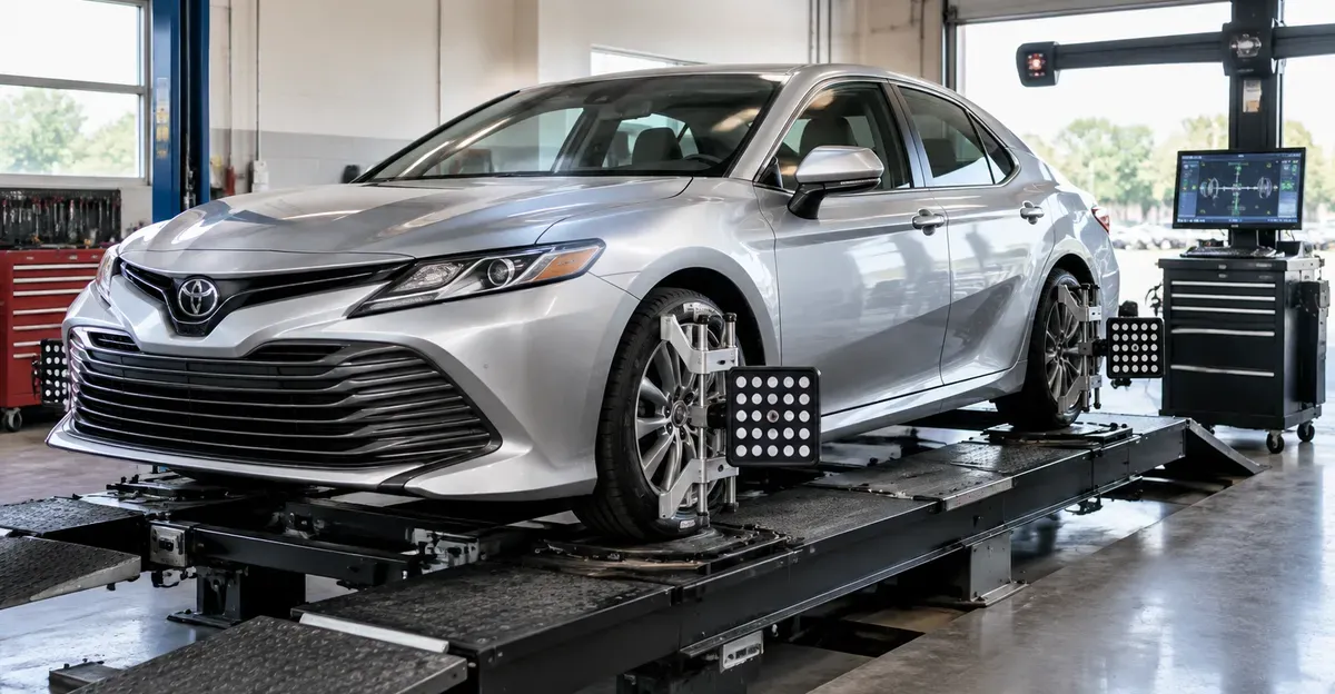 Silver sedan on a U.S. shop alignment rack with wheel targets mounted