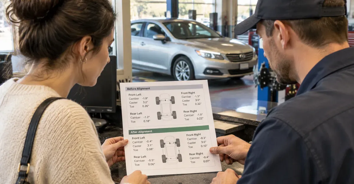 Driver reviewing a before-and-after alignment printout at a service counter