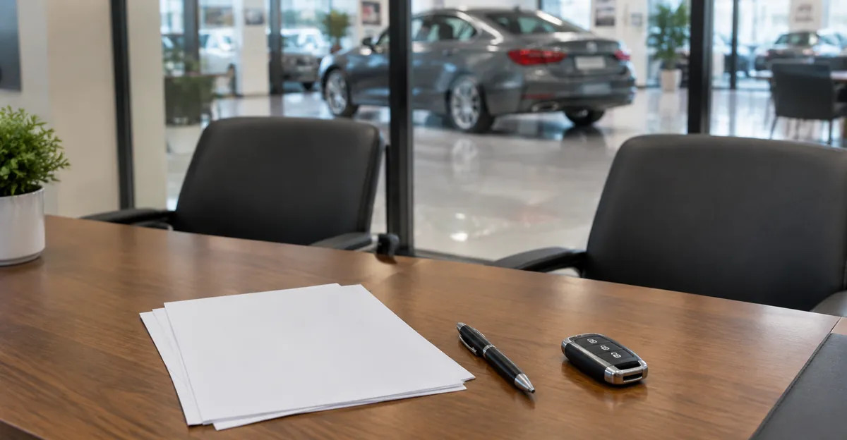 Dealership finance desk with unsigned paperwork, a pen, and a key fob facing a showroom sedan