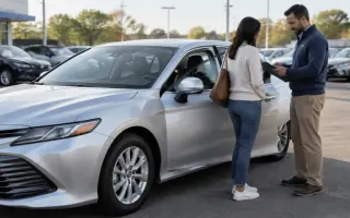Buyer and salesperson reviewing paperwork beside a car on a dealership lot