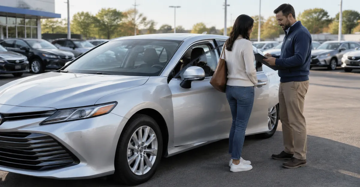 Buyer and salesperson reviewing a clipboard beside a silver sedan on a dealership lot