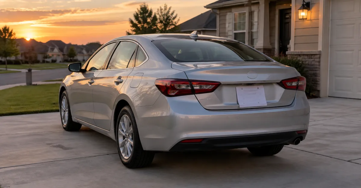 Silver sedan parked in a suburban driveway at sunset after purchase