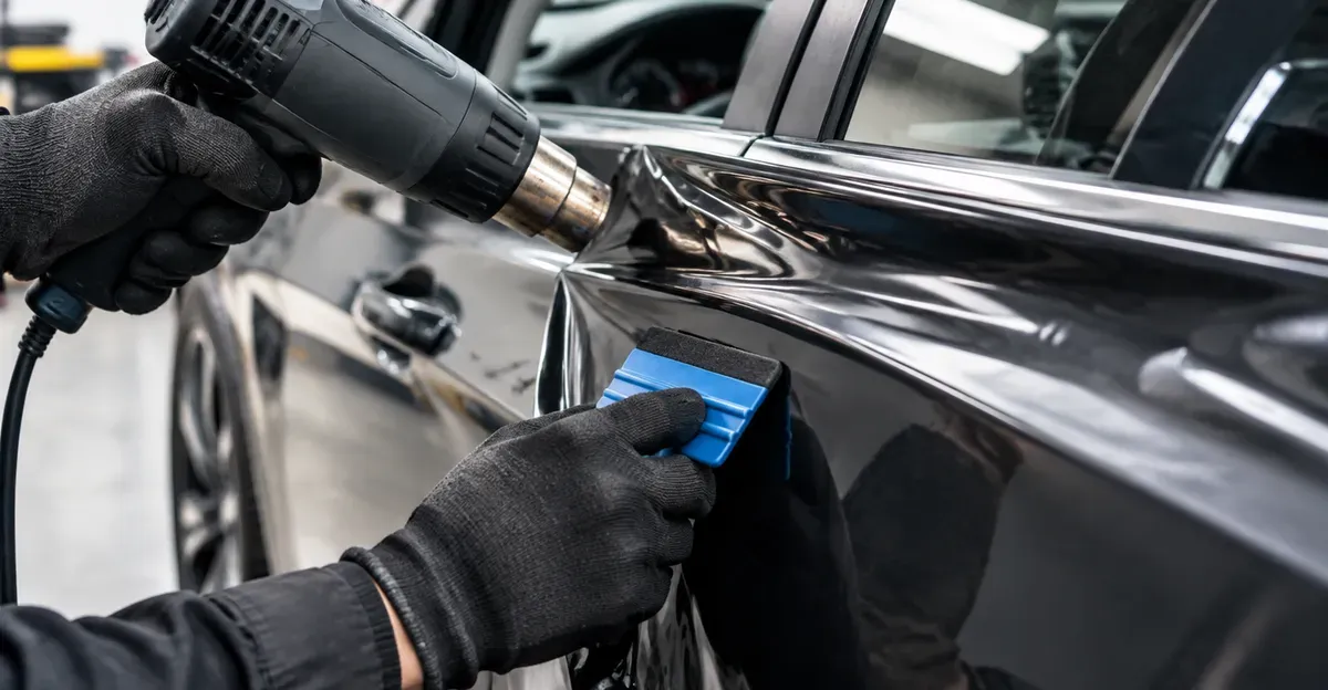 Installer heating vinyl along a door edge with a heat gun while a squeegee seats the film