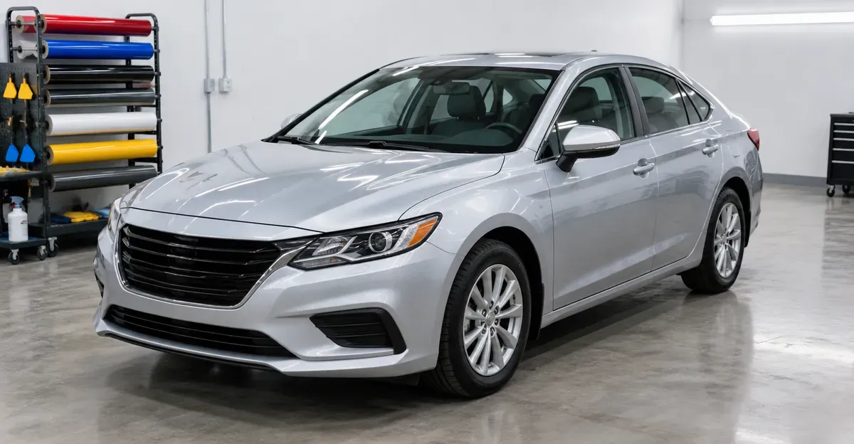 Clean sedan parked in a wrap shop bay with vinyl rolls and squeegees on a nearby cart