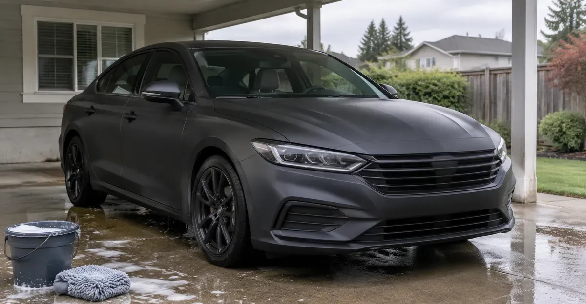 Freshly wrapped dark sedan in covered parking with a soft wash mitt and bucket nearby