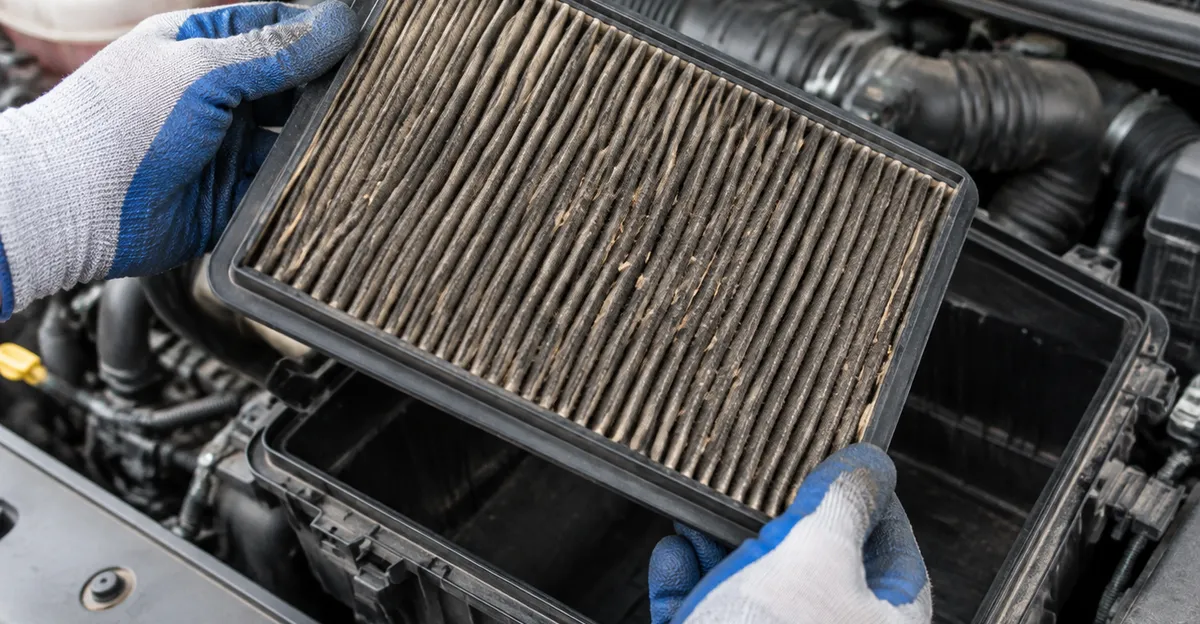 Gloved hands holding a dirty clogged engine air filter above an open airbox