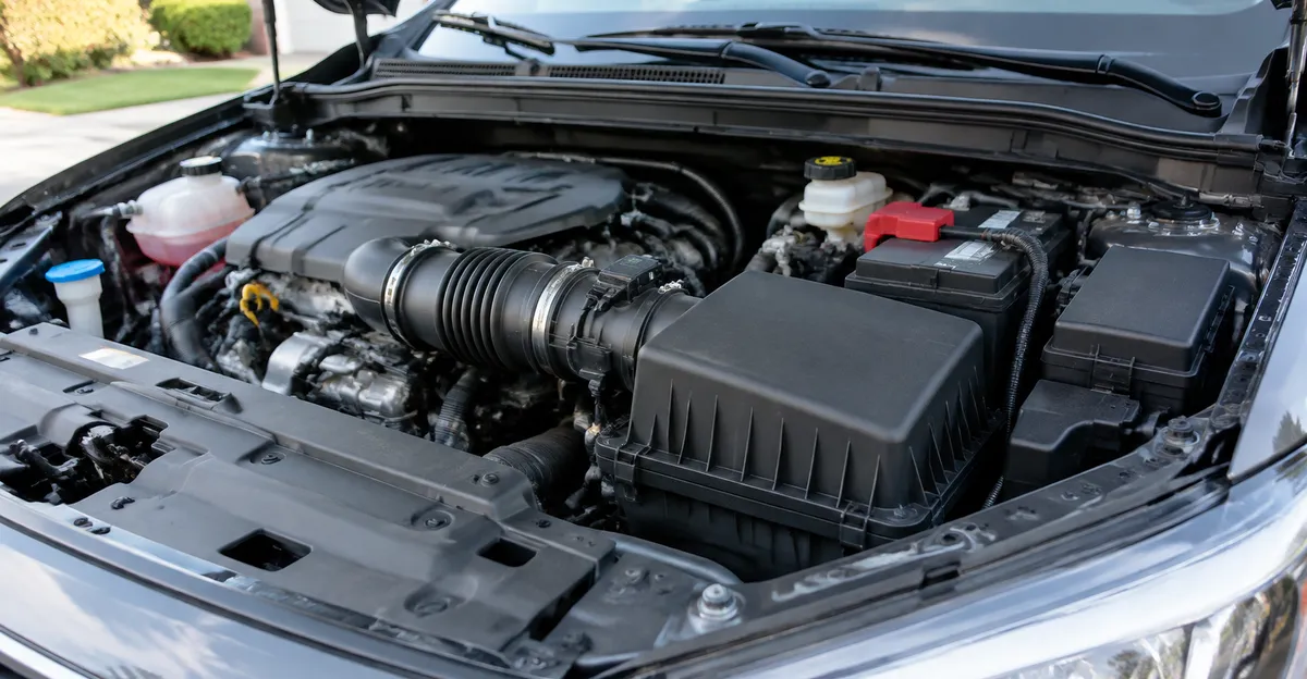Open engine bay with a black plastic airbox and intake tube on a passenger car