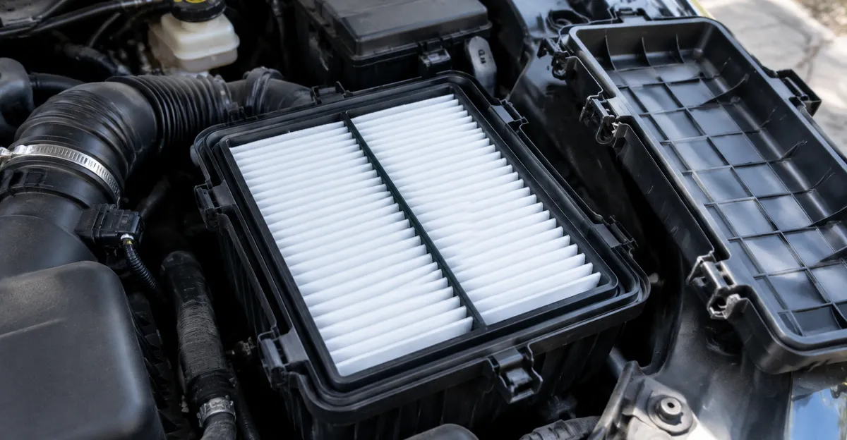 Clean new white engine air filter seated in an open black airbox before the lid is closed