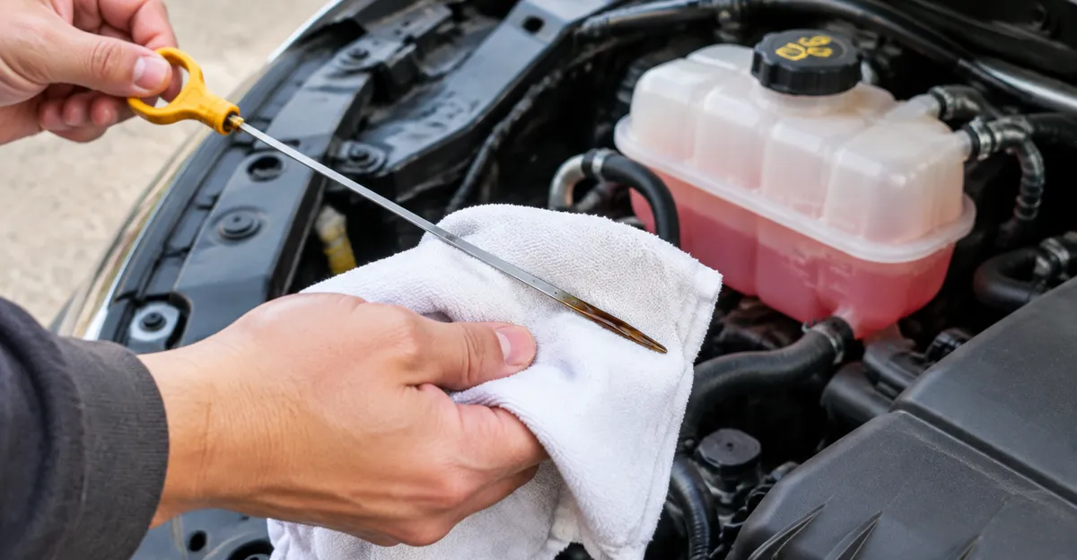 Driver wiping an engine oil dipstick with a clean rag beside a coolant reservoir