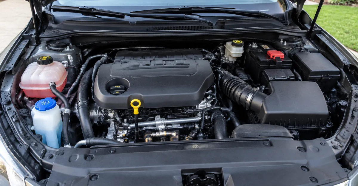 Open engine bay with translucent fluid reservoirs and a bright oil dipstick handle