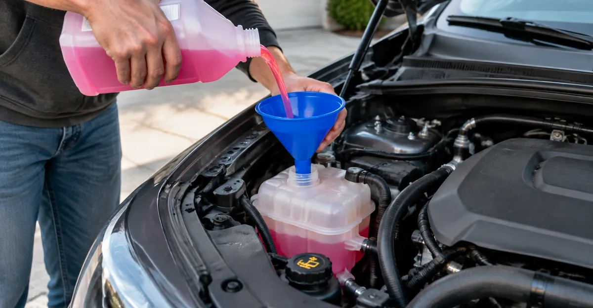 Driver adding coolant to a cold translucent reservoir with a funnel under an open hood