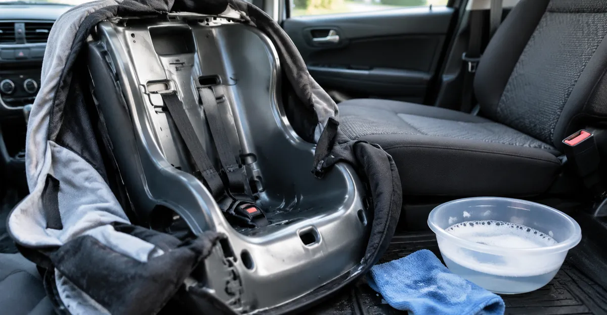 Child car seat cover removed beside the vehicle seat with a wiped hard shell and damp cloth on the floor mat, no readable brand text