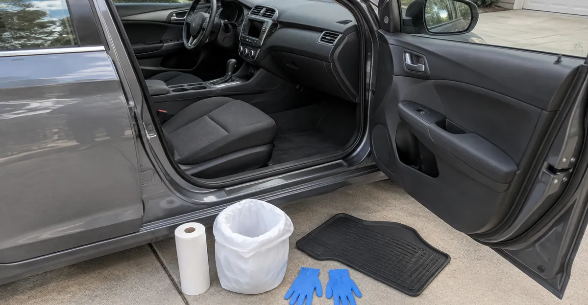 Open US left-hand-drive car door with paper towels, gloves, trash bag, and floor mat on the driveway