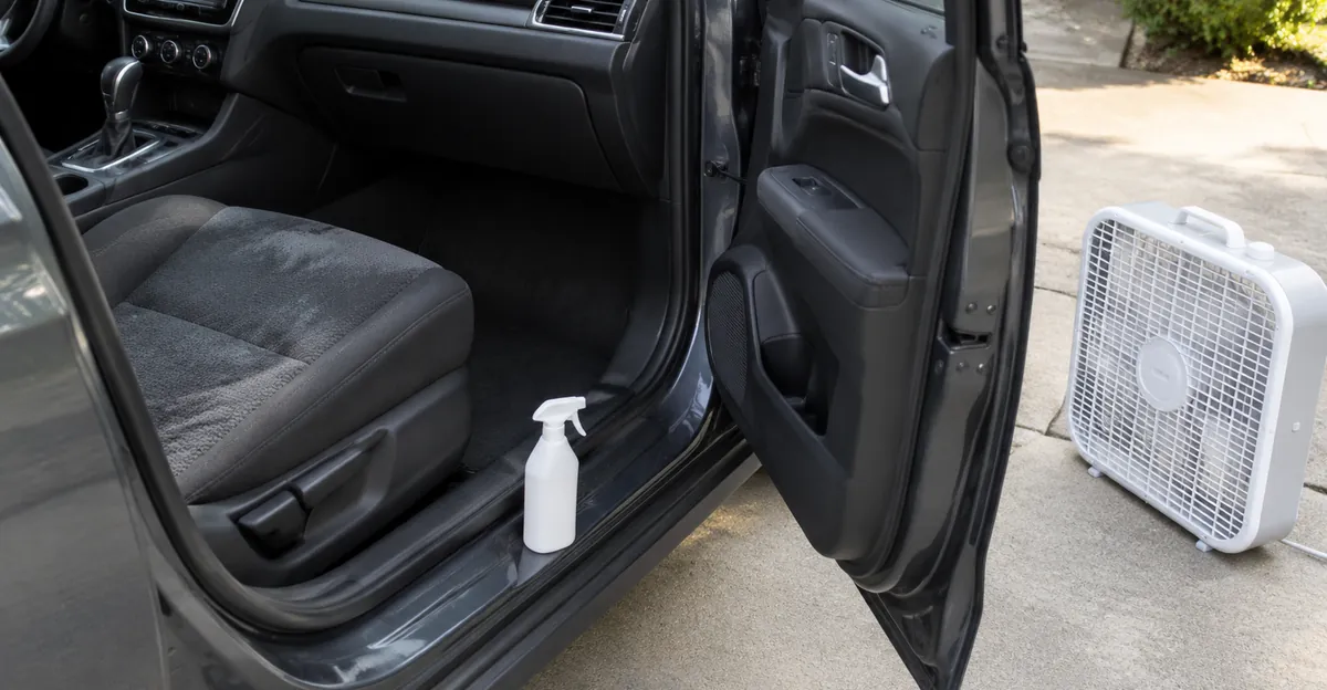 Open car door with a damp fabric seat, unlabeled spray bottle on the sill, and a box fan on the driveway for drying