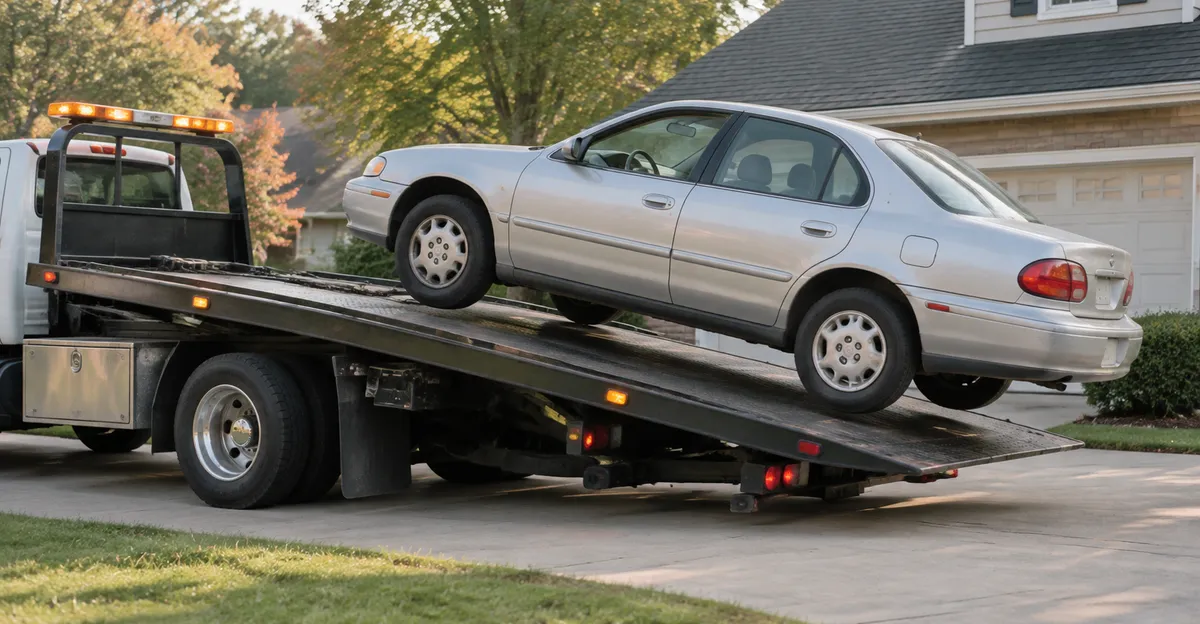 Flatbed tow truck loading a non-running sedan from a residential driveway for charity donation