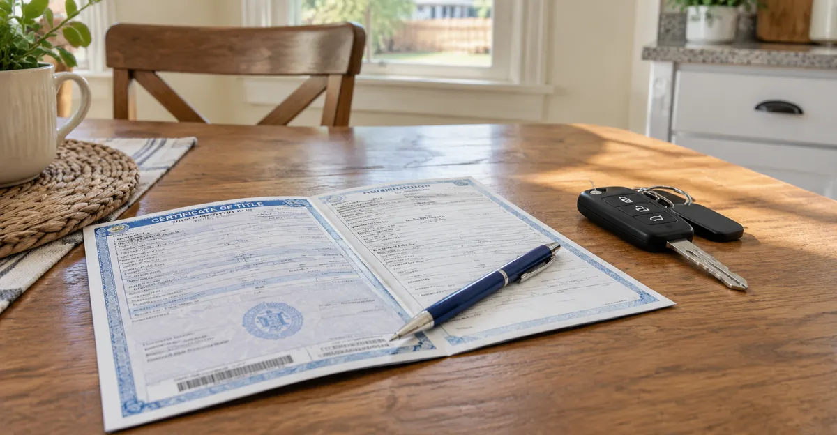 Signed vehicle title and keys on a kitchen table before a charity car donation pickup