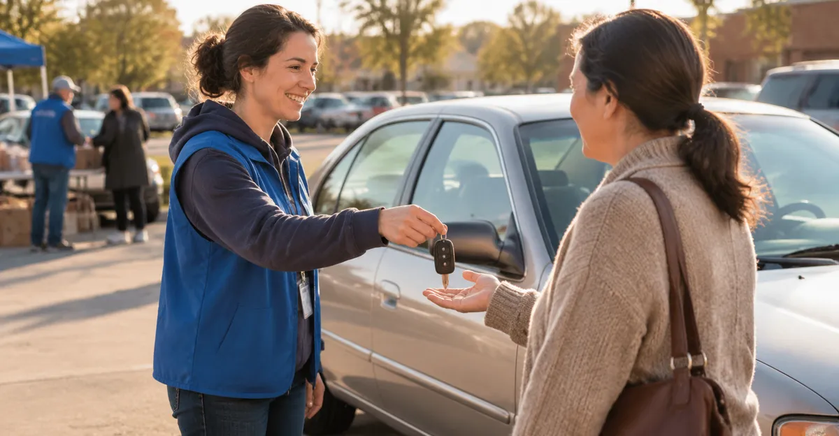 Nonprofit staff handing car keys to a recipient beside a used sedan in a community lot