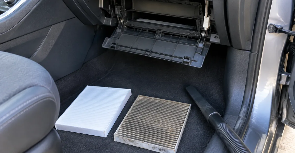Cabin air filter housing open beside a clean replacement filter and vacuum near the passenger footwell, no logos