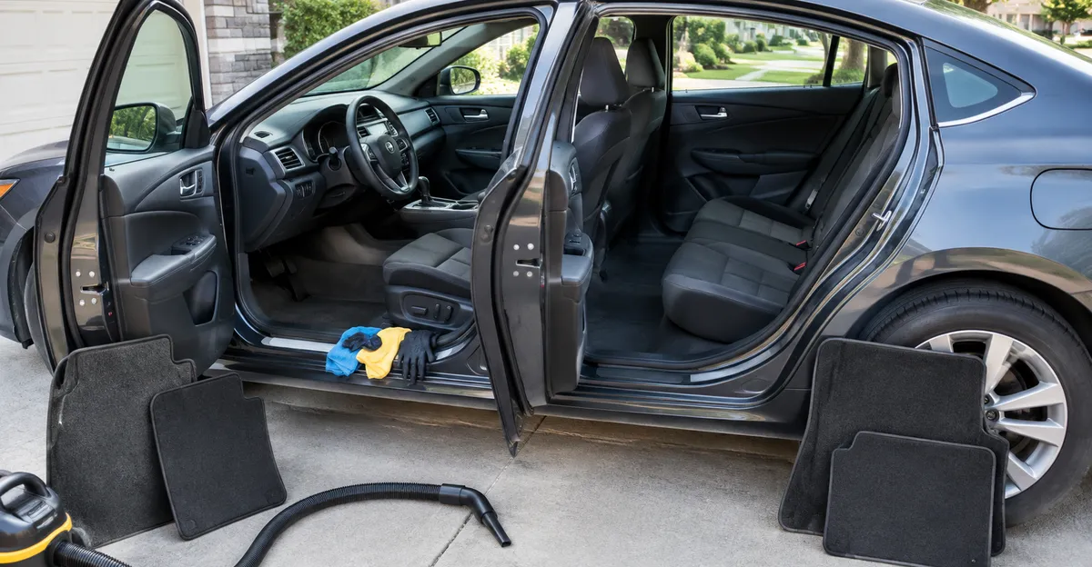 Open US left-hand-drive car doors on a driveway with floor mats removed, vacuum hose, and microfiber cloths on the sill