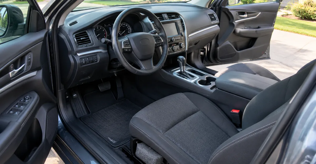 Clean car cabin with dry mats reinstalled, doors open for airing, and a charcoal odor bag under the seat