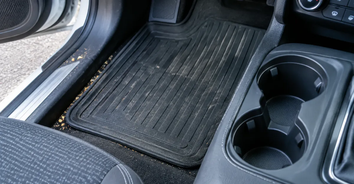 Close view of a car floor mat edge and door sill with crumbs in the seam and a wiped cup holder nearby, no readable brand text