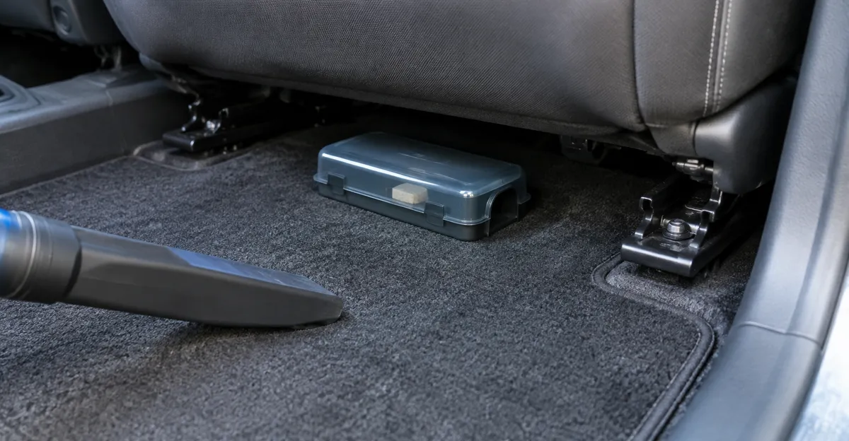 Enclosed ant bait station secured under a front seat on a clean floorboard next to a vacuum crevice tool, no readable brand text