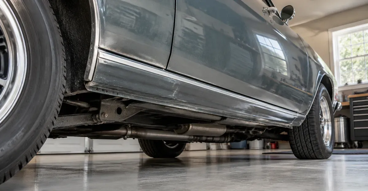 Underside of a classic car with clean wheel wells and rocker panels in a dry garage, no readable brand text