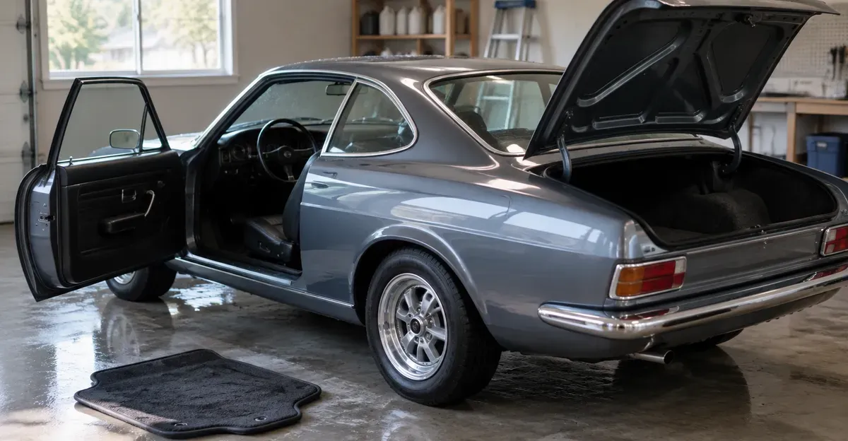 Clean classic car parked on a dry garage floor with doors open for drying after an undercarriage wash, no readable brand text