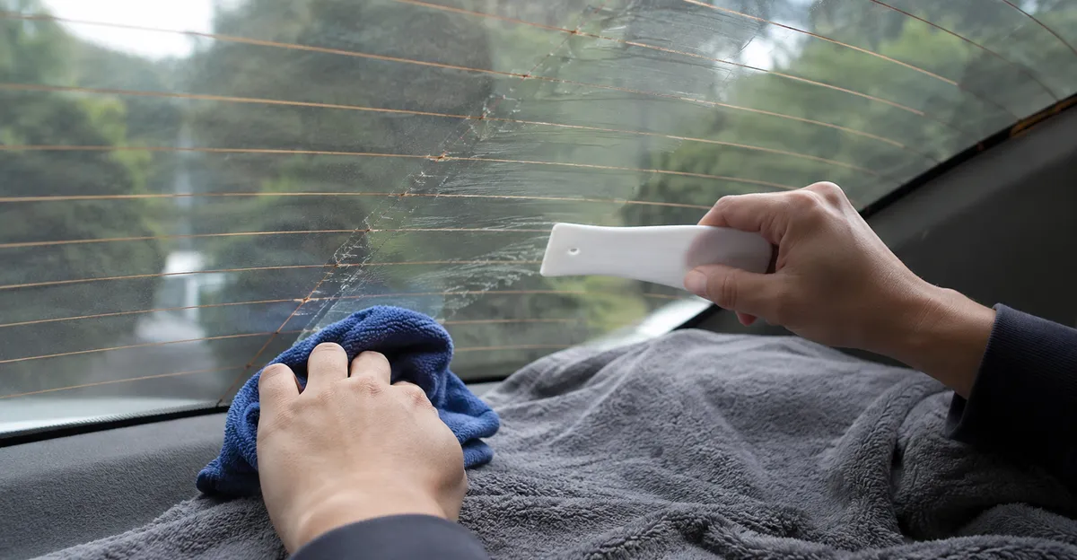 Rear window interior with horizontal defroster lines, white plastic scraper and cloth clearing adhesive parallel to the lines, towel on package shelf, no metal blade, no readable text
