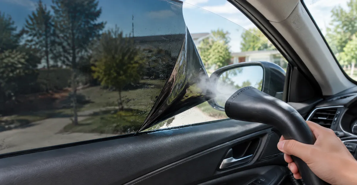 Interior side glass with peeling window film lifted at a corner, steamer nozzle nearby, no readable brand text