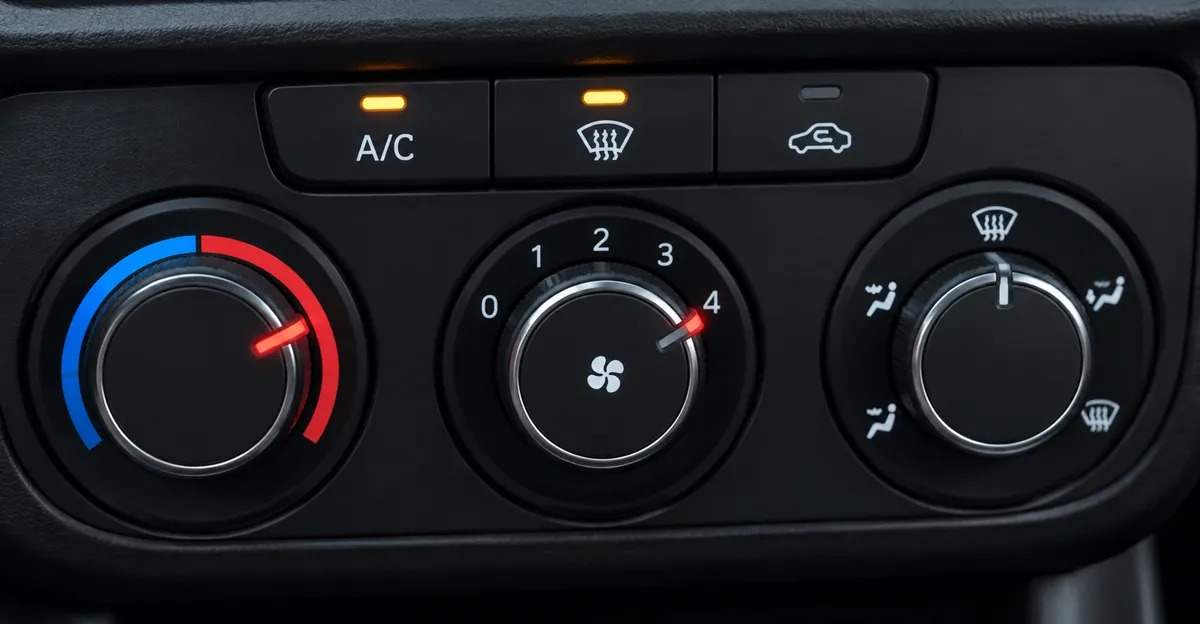 Close-up of climate controls with front defrost selected, temperature high, and recirculation off, no readable brand logos