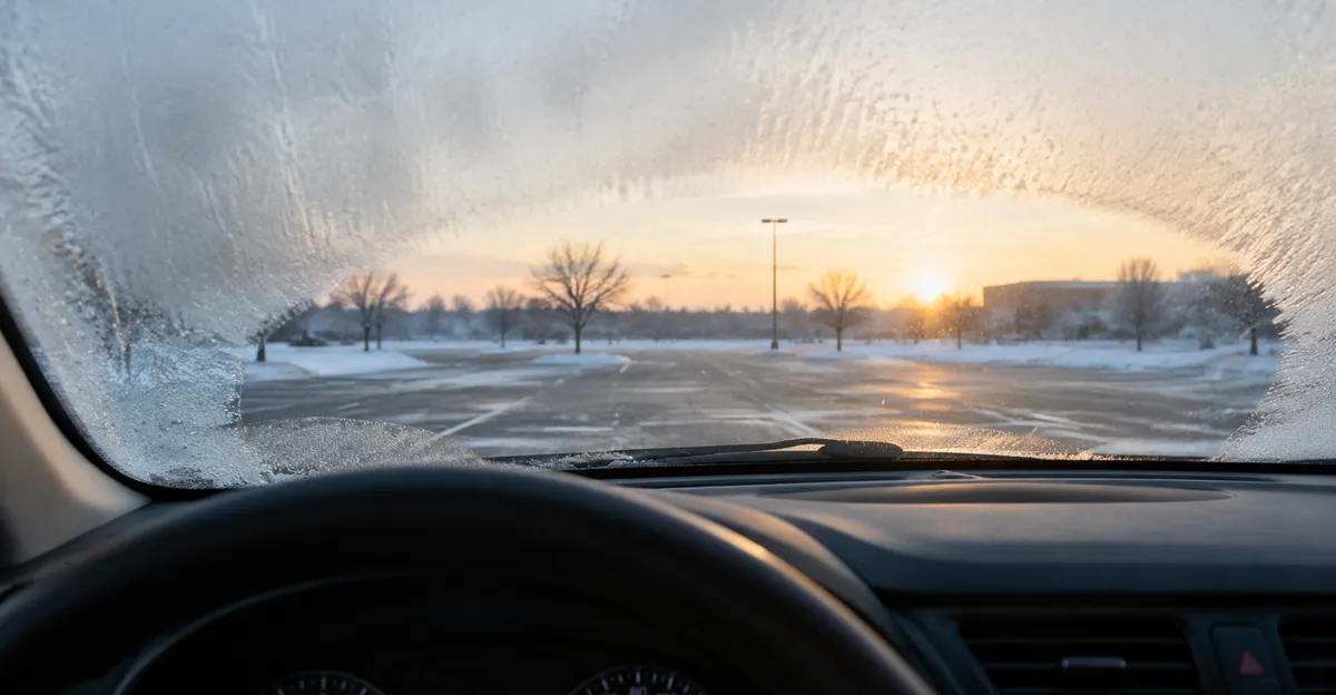 Driver view of a frosted windshield with a partial clear patch over a winter parking lot at dawn, no readable brand text