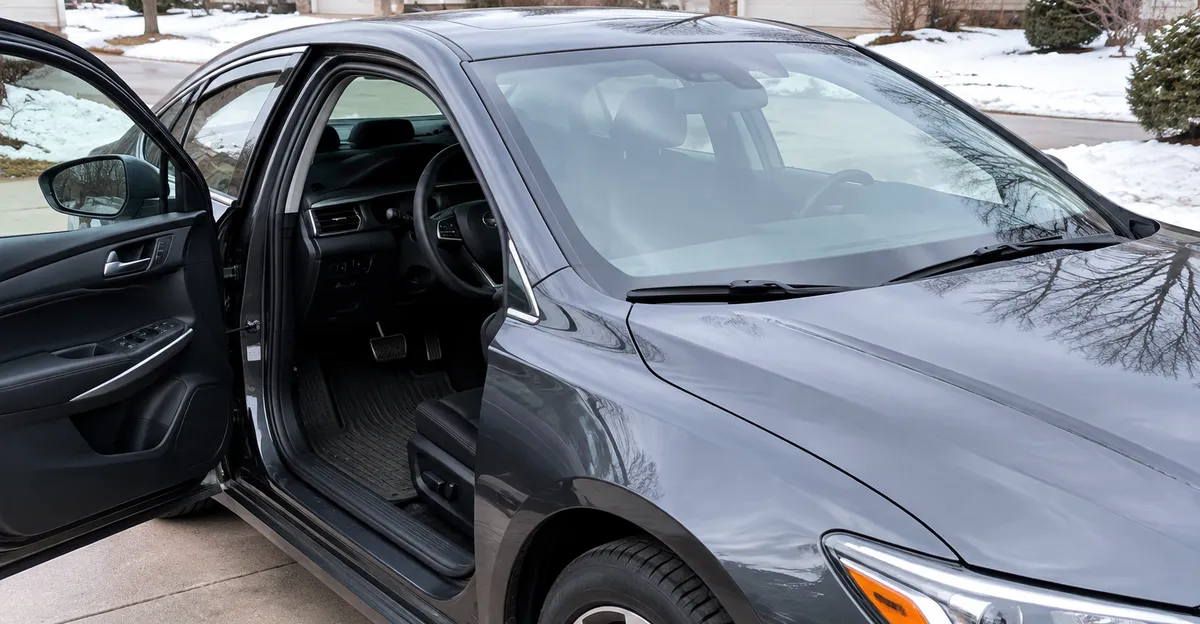 Parked car with clear windshield after defrost, dry floor mats visible near the pedals, no captions or logos