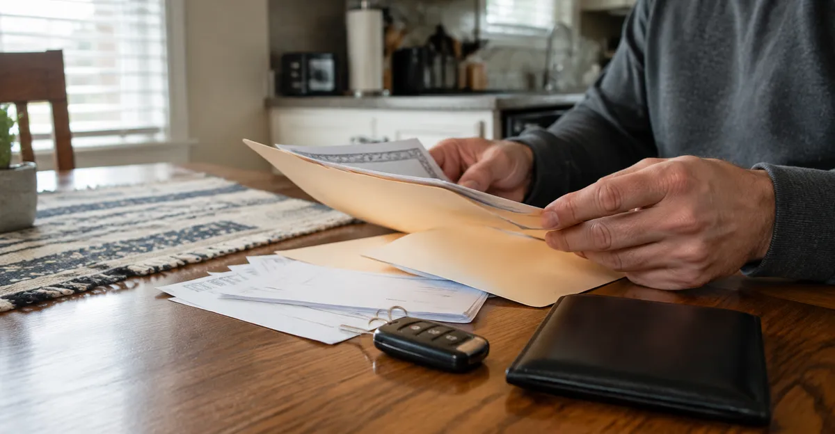 Person reviewing a vehicle title folder and insurance card at a kitchen table, documents face down with no readable text