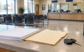 Missouri license office counter with blank vehicle forms and car keys